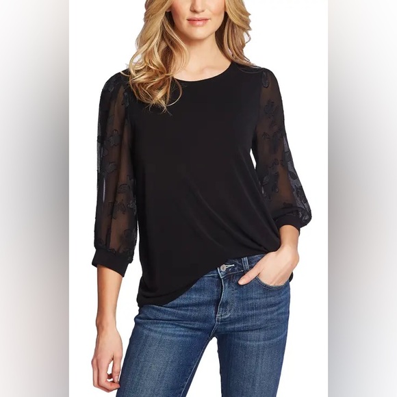 CeCe Black Blouse with Floral Sleeves - Picture 1 of 8